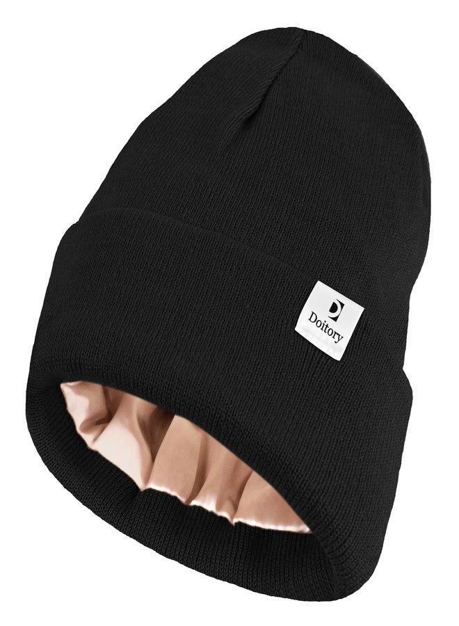 Doitory Satin Lined Beanie Hat, Winter Hats for Women & Men, Soft Silk Lining Cuffed Knit Beanie Unisex Skull Cap Black - Image 1